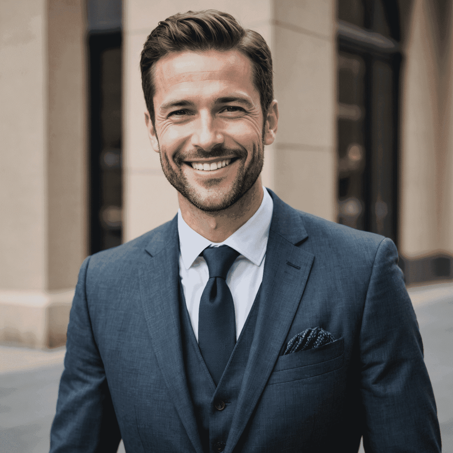 Portrait of a professional-looking man in his 30s, wearing a suit and smiling confidently