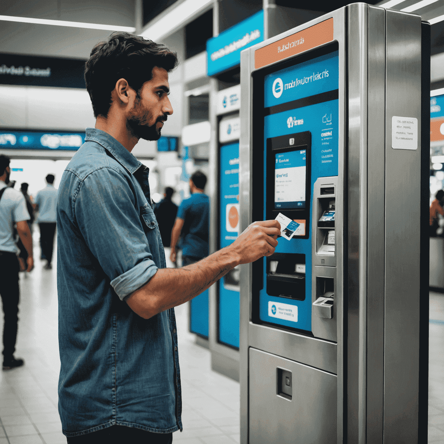 A person holding a NOL card while standing at a ticket vending machine in a Dubai metro station