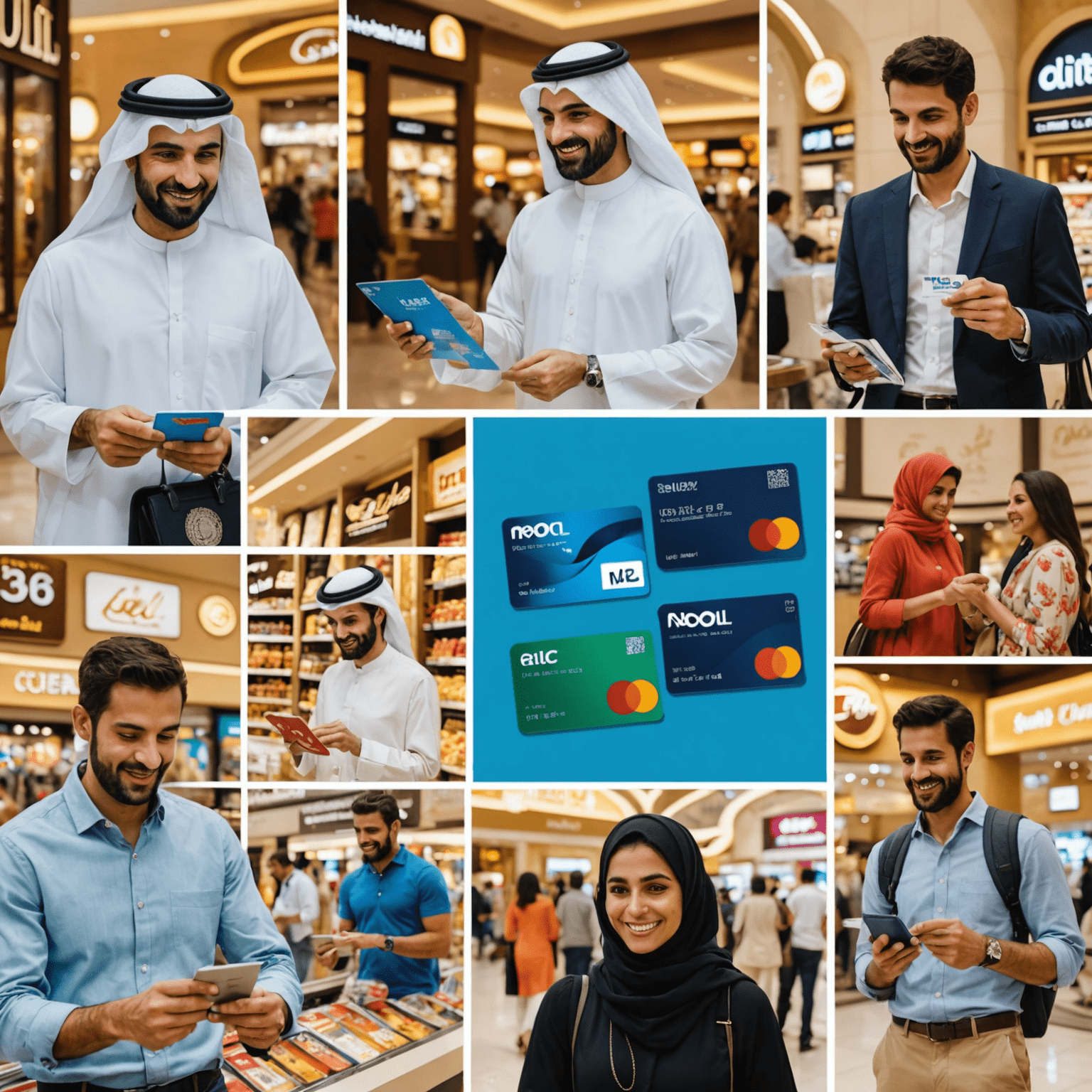 A collage of images showing people using their NOL cards to receive discounts at various retailers and attractions in Dubai