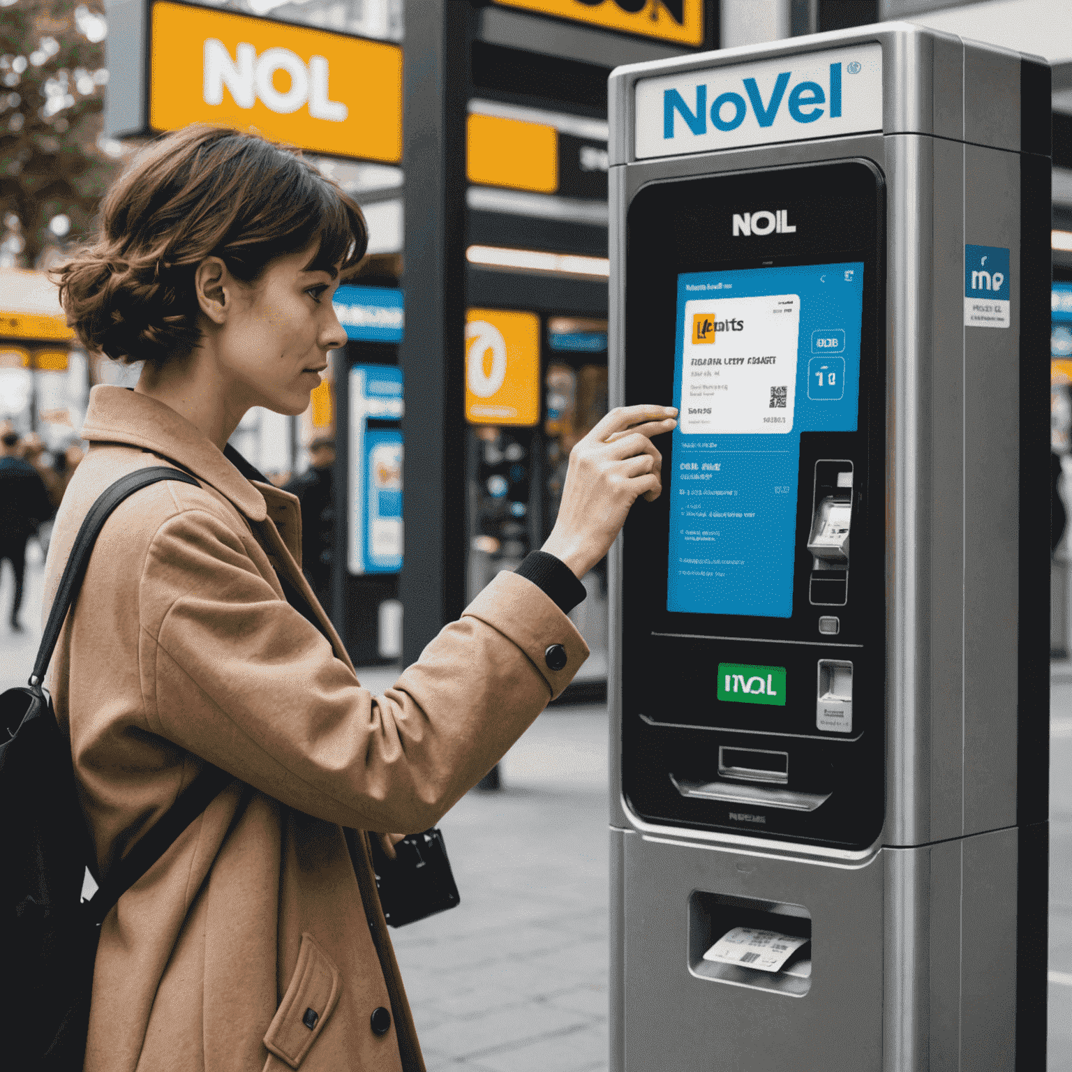 A person holding a NOL card in front of a ticket vending machine, with a step-by-step guide on the screen