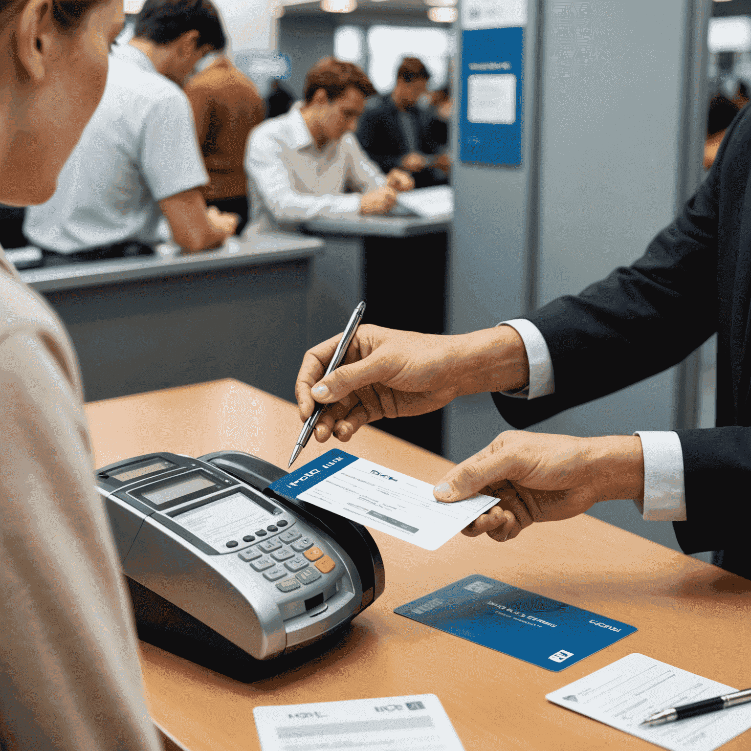 Illustration showing a person applying for a NOL card at a ticket office, with required documents and payment