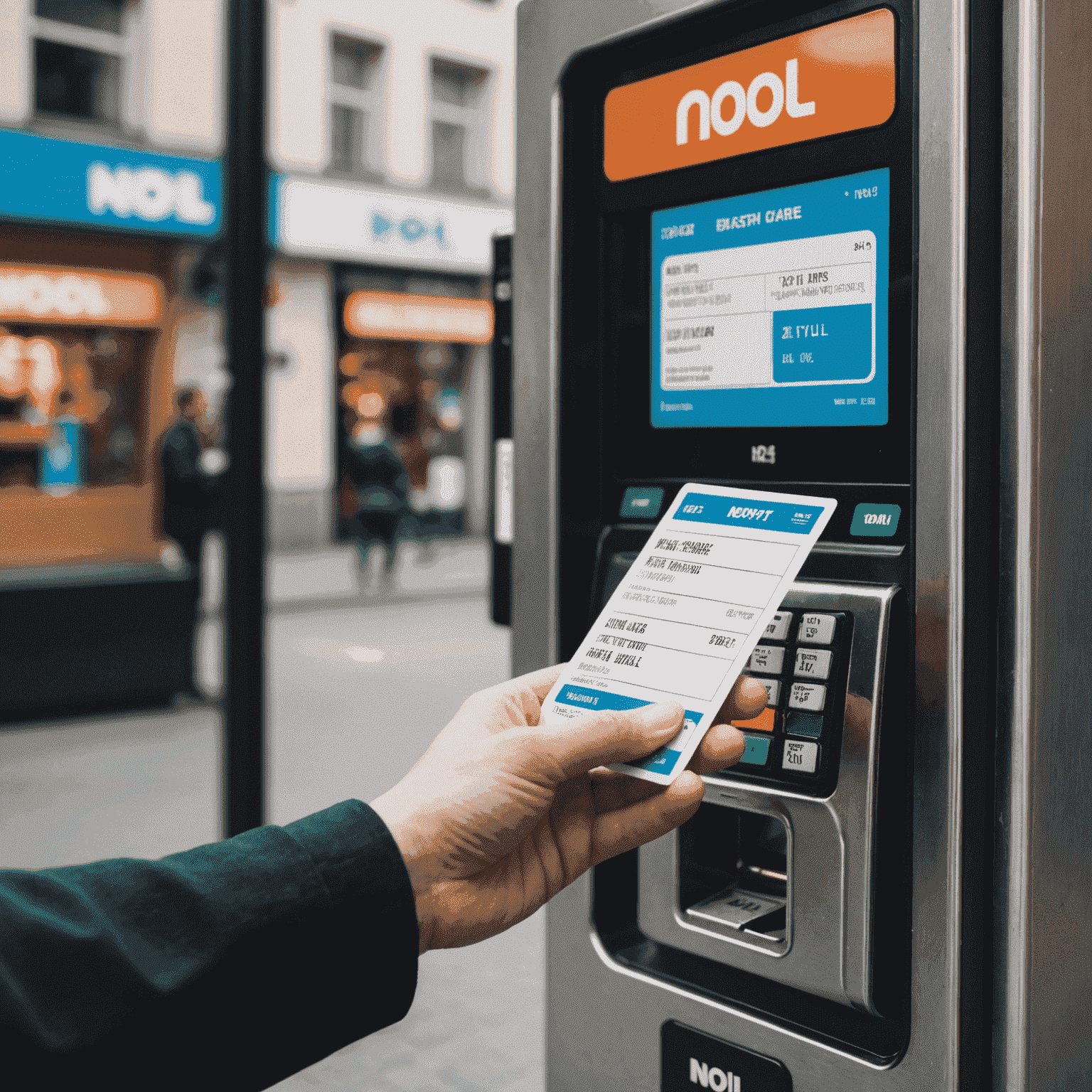 A close-up of a person's hand holding a NOL card, with a ticket vending machine and online recharge options in the background