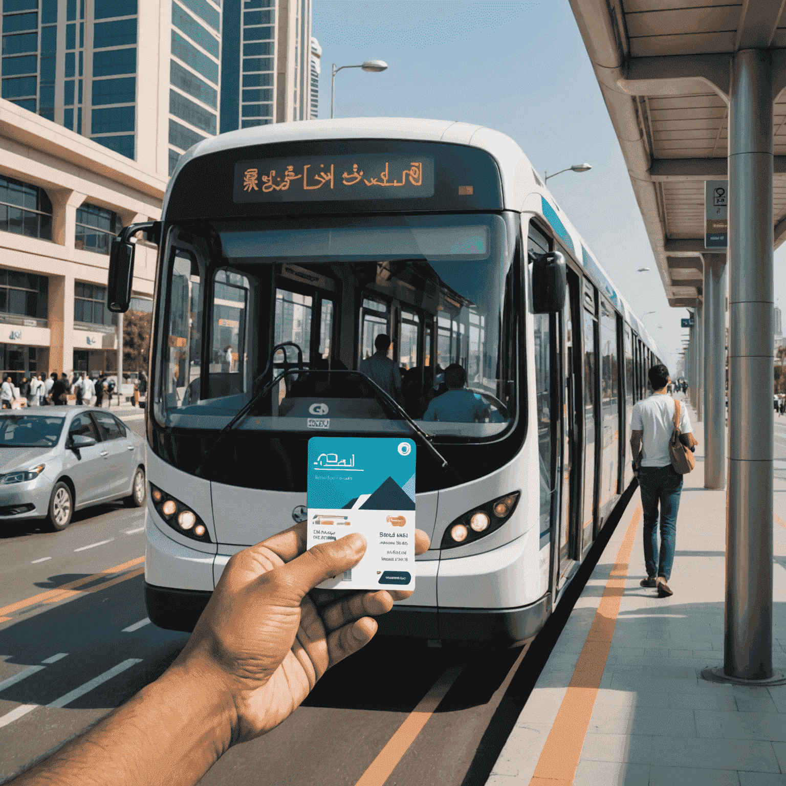 Illustration showing a person using their NOL card to access different modes of public transport in Dubai, such as the metro, buses, and water buses